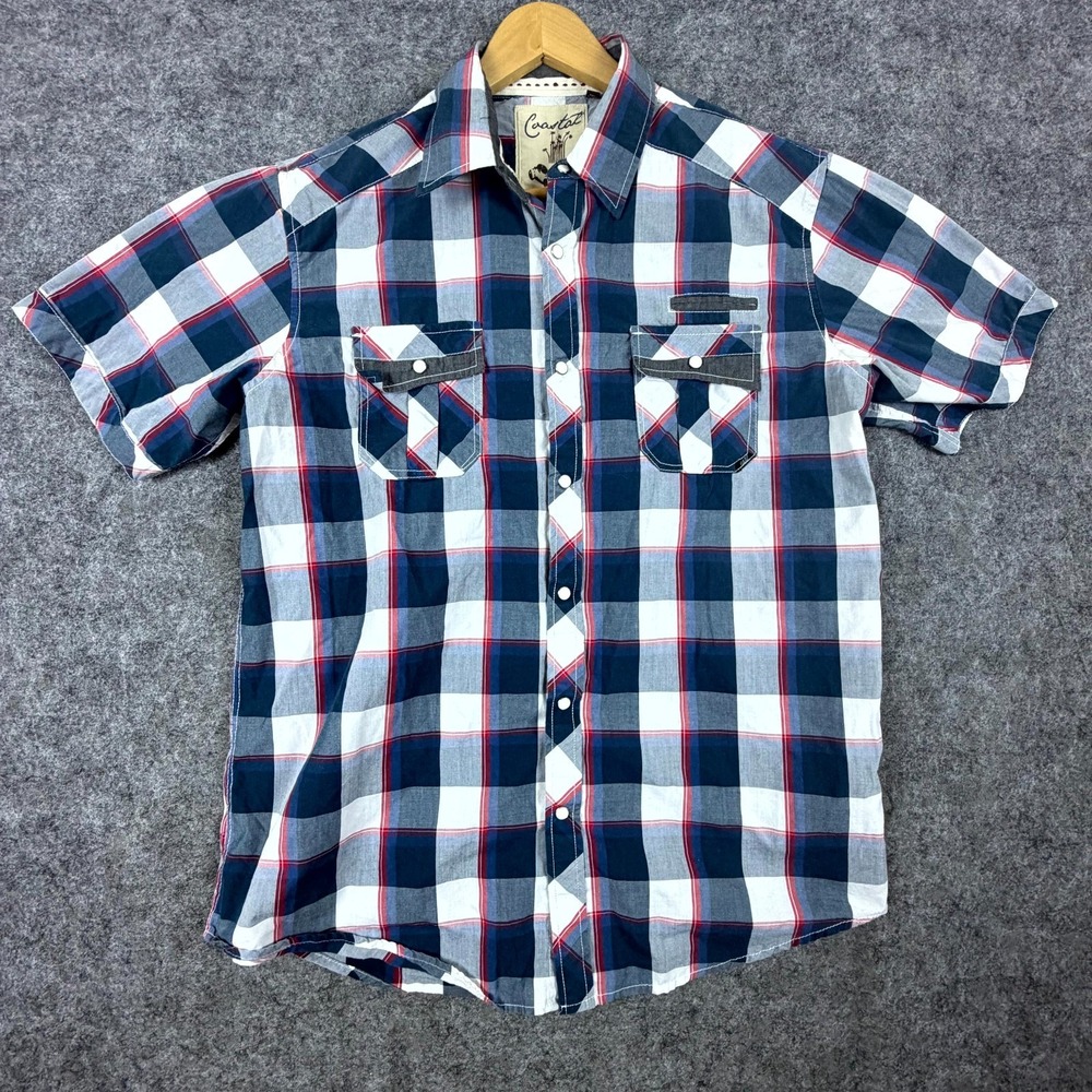 Coastal Western Shirt Mens Large Blue White Plaid Short Sleeve Button Up Cowboy